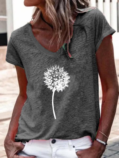 

Short Sleeve Casual Dandelion Printed V Neck T-shirt, Gray, Tees & T-shirts