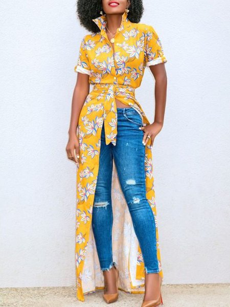 

Floral 3/4 Sleeve Shirt Collar Shift Dress, Yellow, Maxi Dresses