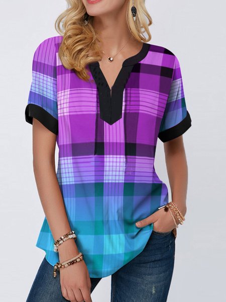 

Maniche Corte Scollo a V Misto Cotone Camicie & Top, Viola, Blouses & Shirts
