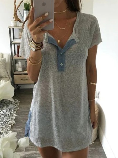 

Vintage Maniche Corte Tinta unita Scollo a V taglia grande Gonna Casuale, Grigio, Dresses