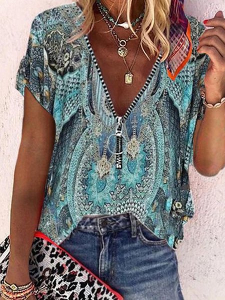 

Short Sleeve Casual Zipper Blouse, As picture, Tees & T-shirts