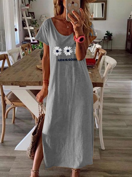 

Maniche Corte Casuale Floreale Misto Cotone Abito, Grigio, Dresses