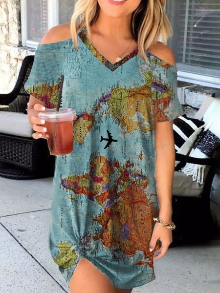 

Printed Cotton-Blend Short Sleeve Map Knitting Dress, Blue, Tie dye dress