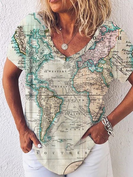 

V Neck Cotton-Blend Printed Short Sleeve T-shirt, Blue, T-Shirts