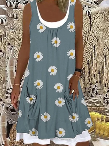 

Crew Neck Sleeveless Floral Ruched Knitting Dress, Blue, Auto-clearance