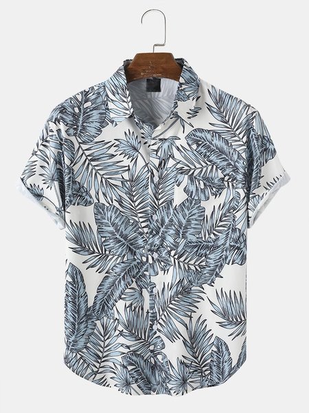 

Mens Tropical Leaf Print Button Up Short Sleeve Shirt, Gray, Short Sleeves Shirts