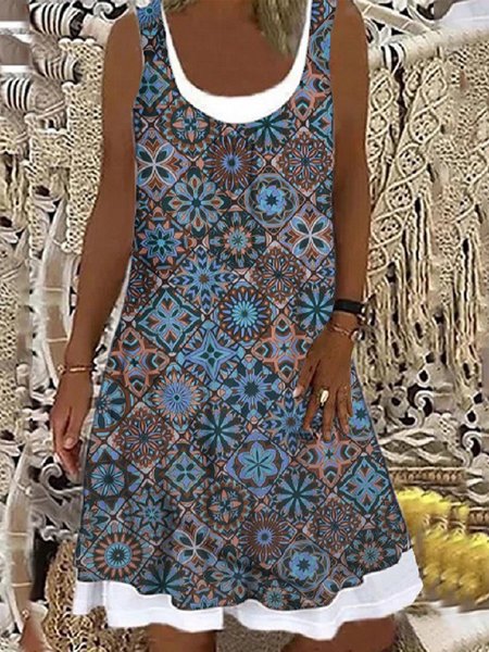 

Vintage senza maniche Geometrico Stampata Floreale U Collo taglia grande Gonna Casuale, Blu, Dresses