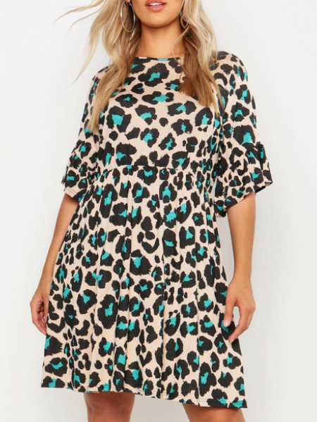 

Leopard Crew Neck Holiday Half Sleeve Dresses, As picture, Mini Dresses