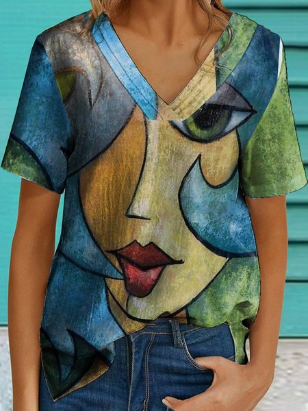 

Abstract Cotton-Blend Short Sleeve Boho Shirts & Tops, Blue, Blouses & Shirts