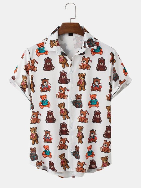 

Mens Casual Full Doll Bear Print Lapel Short Sleeve Shirts, White, Men's Floral shirt