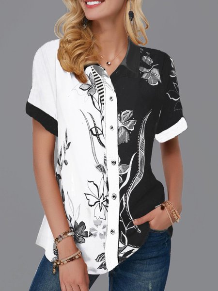 

Casuale Maniche Corte Colletto a Camicia Top, Nero-bianco, Blouses & Shirts