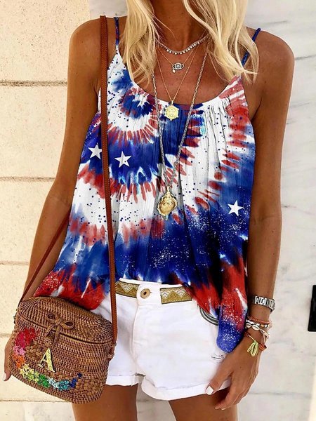 

Crew Neck Flag Sleeveless Shift Tanks & Camis, Blue, Tanks & Camis