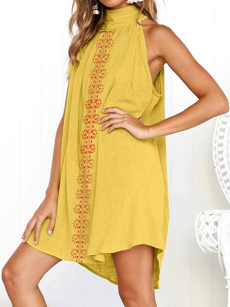 

Vintage Boho Sleeveless Geometric Printed Plus Size Casual Dresses, Yellow, Mini Dresses
