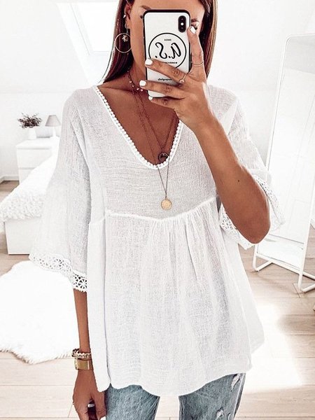 

V Neck Embellished Cutout Short Sleeve Shirts & Tops, White, Tops