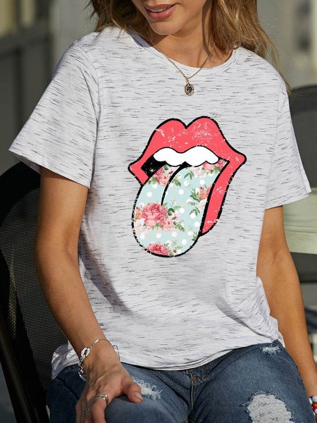 

Hippie Floral Tongue Graphic Short Sleeve T Shirt, White gray, T-shirts