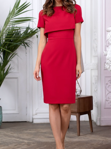 Lavoro Girocollo Maniche Corte A-line Pieghe Signora Abito, Rosso, Midi Dresses