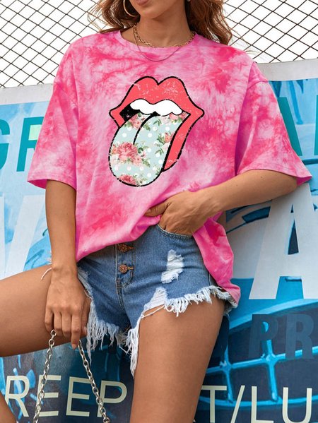 

Hippie Floral Tongue Graphic Short Sleeve Tie Dye Oversized T Shirt, Rose red, T-shirts