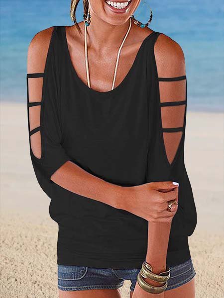 

Casuale Girocollo Mezza Manica Solido Top, Nero, Blouses & Shirts