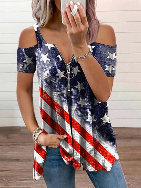 

Shift Short Sleeve Cotton-Blend Flag Shirts & Tops, As picture, Tops