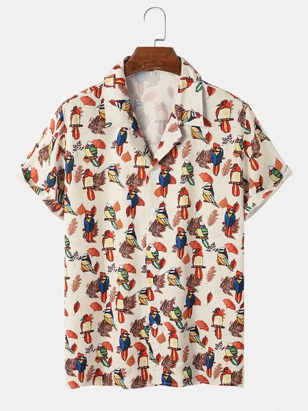 

Mens Multi Colorful Bird Print Cartoon Short Sleeve Shirts, White, Men's Floral shirt