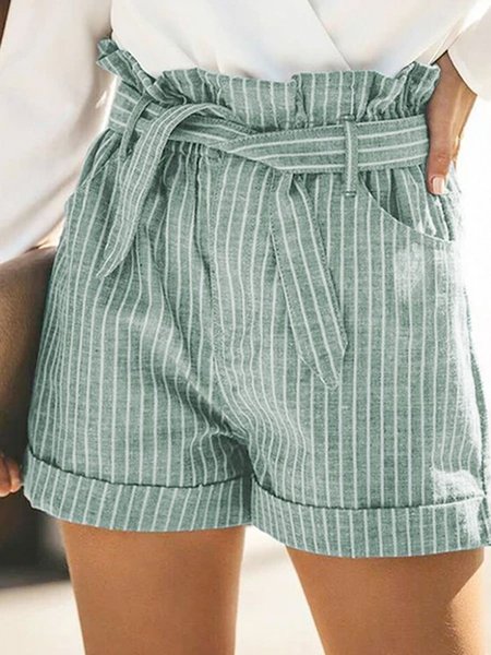 Pantaloncini a Righe Casuale di Cotone & Lino, Verde, Pants