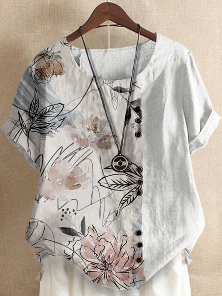 

Cotton Crew Neck Short Sleeve Tops, White, T-Shirts