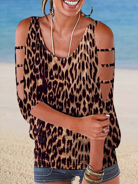 

Leopard Holiday Cotton-Blend Half Sleeve Crew Neck Shirts & Tops, As picture, T-Shirts