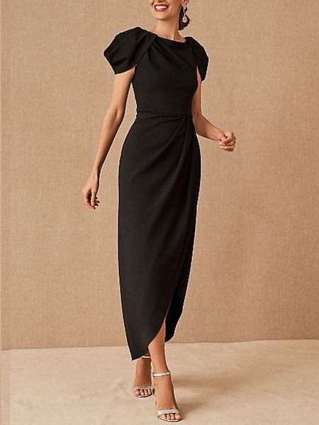 Abito Maniche Corte Elegante Girocollo, Nero, Maxi Dresses
