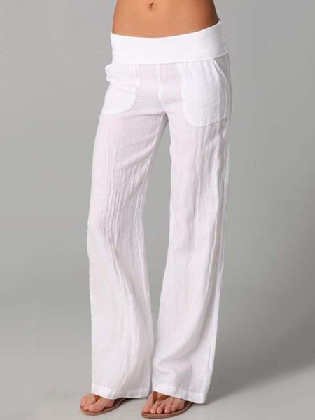 

Casuale Tasche Misto Cotone Solido Pantaloni, Bianco, Pants