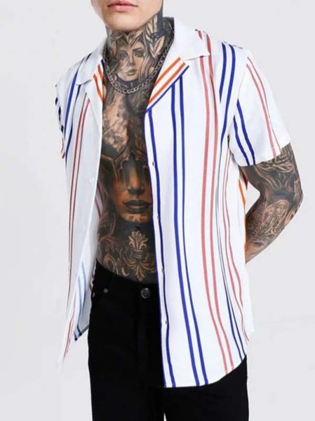 

Shirt Collar Short Sleeve Striped Holiday Shirts & Tops, White, Shirt