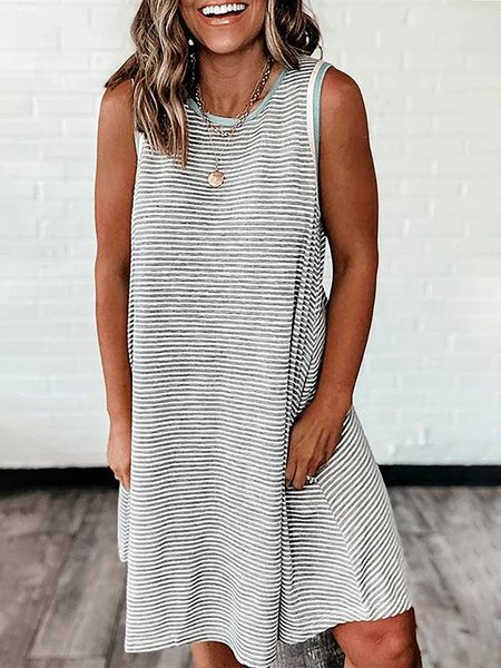 

Casual Printed Striped Holiday Crew Neck Sleeveless Mini Dress, Gray, Casual Dresses