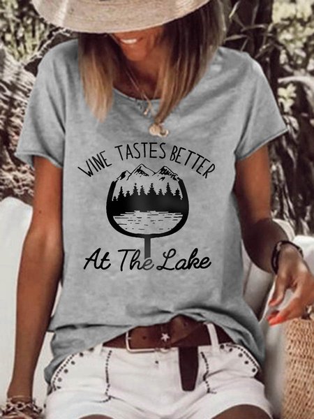 

Wine Tastes Better At The Lake Graphic Short Sleeve T Shirt, Gray, T-shirts