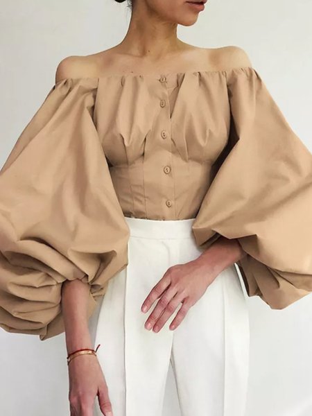 

Cold Shoulder Long Sleeve Solid Elegant Shirt, Khaki, Blouses and Shirts