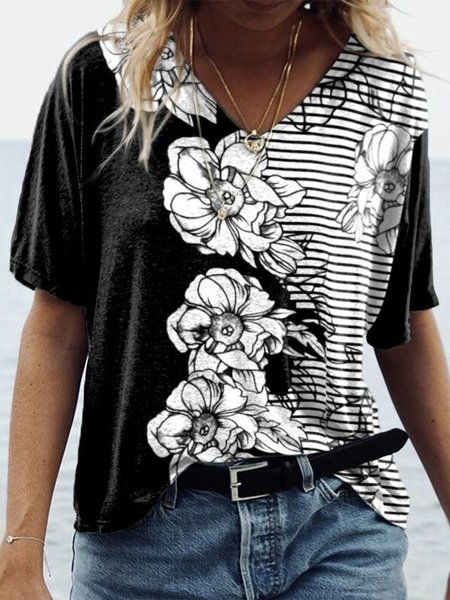 

Maniche Corte Misto Cotone Scollo a V Dritto Top, Nero, Blouses & Shirts