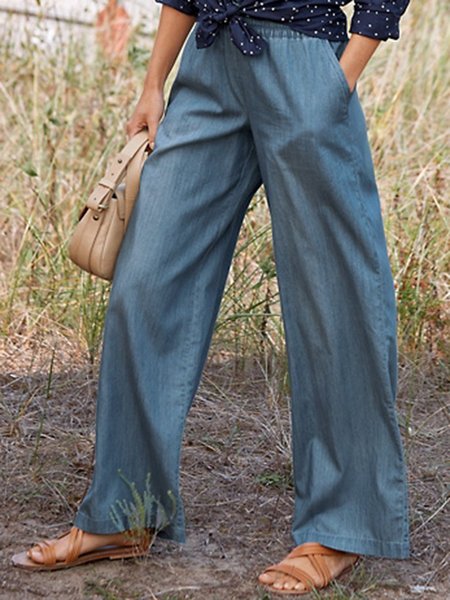 

Casual Wide Leg Denim Look Pants, Blue, Pants