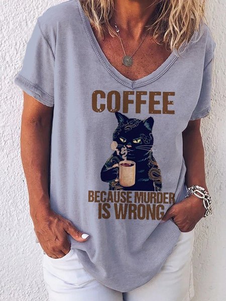 

Cute Cat Printed Shift Casual Letter Cotton-Blend Tops, Gray, T-Shirts