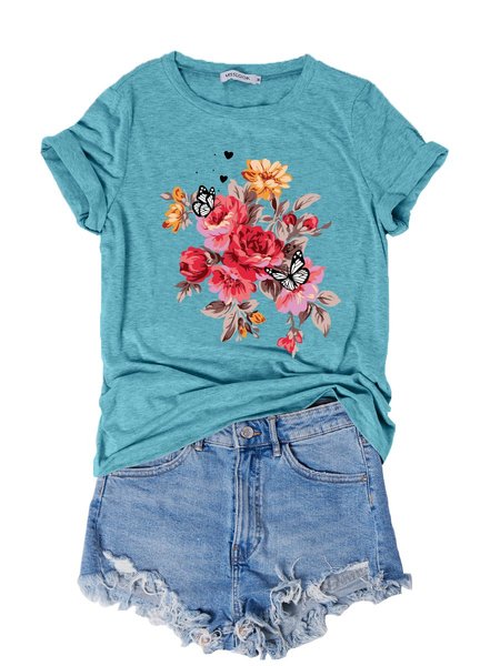 

Flower And Butterfly Women T-shirt, Turquoise, T-shirts