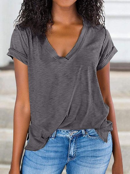 

Scollo a V Misto Cotone Maniche Corte Vintage Top, Grigio scuro, Blouses & Shirts