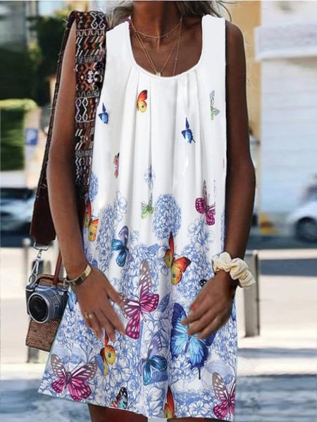 

Vintage Sleeveless U Neck Butterflies Printed Plus Size Casual Dresses, White, Dresses
