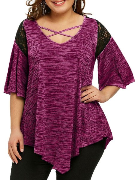 

short sleeve paneled asymmetrical plain Tops, Red, T-Shirts