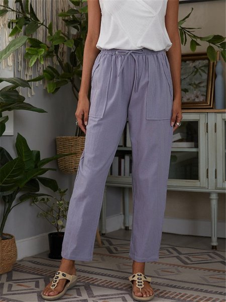 

Solid Casual Cotton-Blend Pants, Purple, Pants