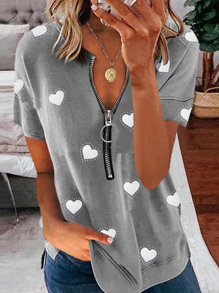 

Gray Printed V Neck Casual Short Sleeve Shift Shirts & Tops, Tops
