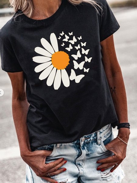 

Casuale Floreale Maniche Corte Top, Nero, Blouses & Shirts
