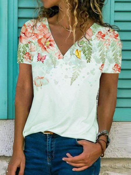 

Floreale Maniche Corte Stampato Misto Cotone Scollo a V Vacanza Estate Bianco Superiore, Blouses & Shirts