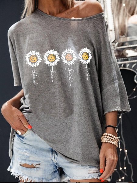 

Girocollo Cotone Casuale Maniche Corte Top, Grigio, Blouses & Shirts