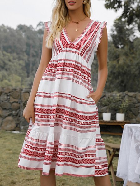 

Pockets Resort Stripes Sleeveless Dress, Red, Midi Dresses