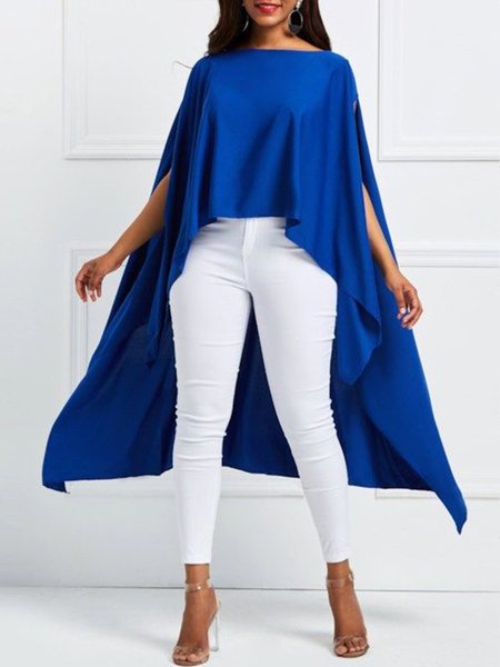 

Vintage Solid Crew Neck High Low Blouse, Blue, Blouses and Shirts