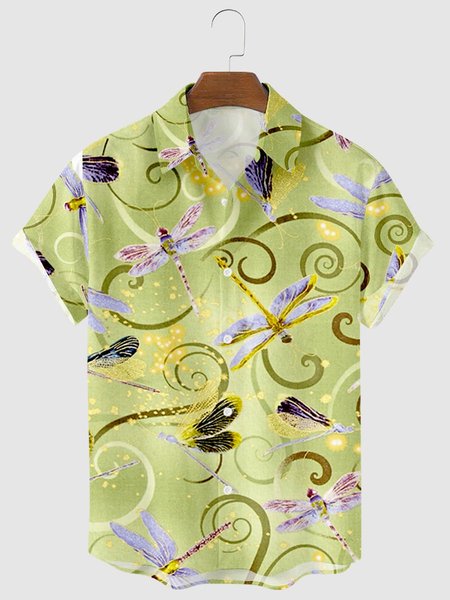 

Mens Dragon-fly Print Lapel Casual Loose Short Sleeve Hawaiian Shirt, Green, Men's Floral shirt