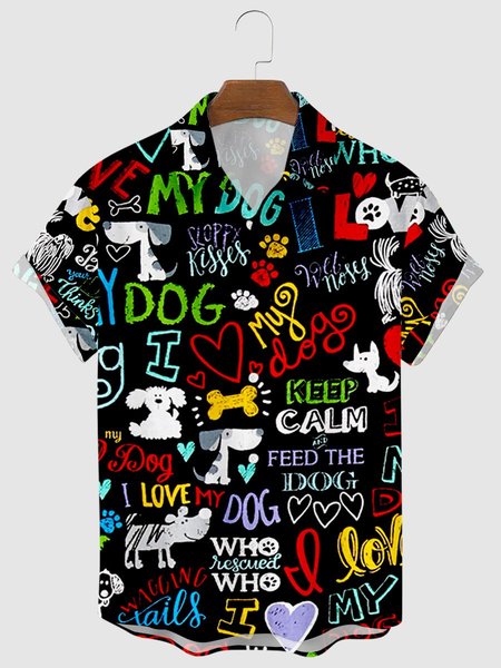 

Mens I Love My Dog Print Lapel Casual Loose Short Sleeve Hawaiian Shirt, Black, Men's Floral shirt