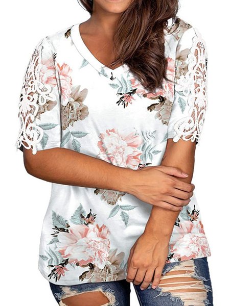 

shift floral short sleeve Tops, White, T-Shirts